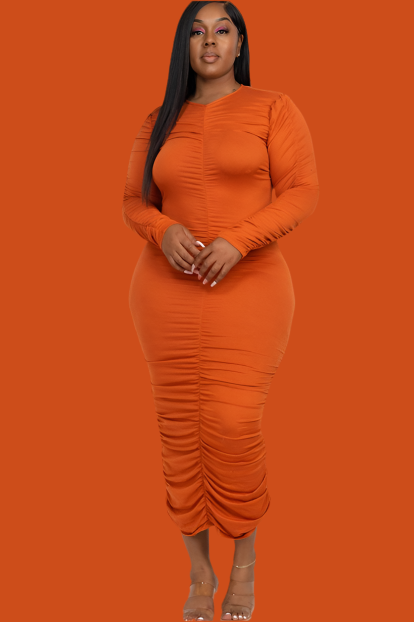 Curvy Plus Size Ruched Long Sleeve Midi Dress