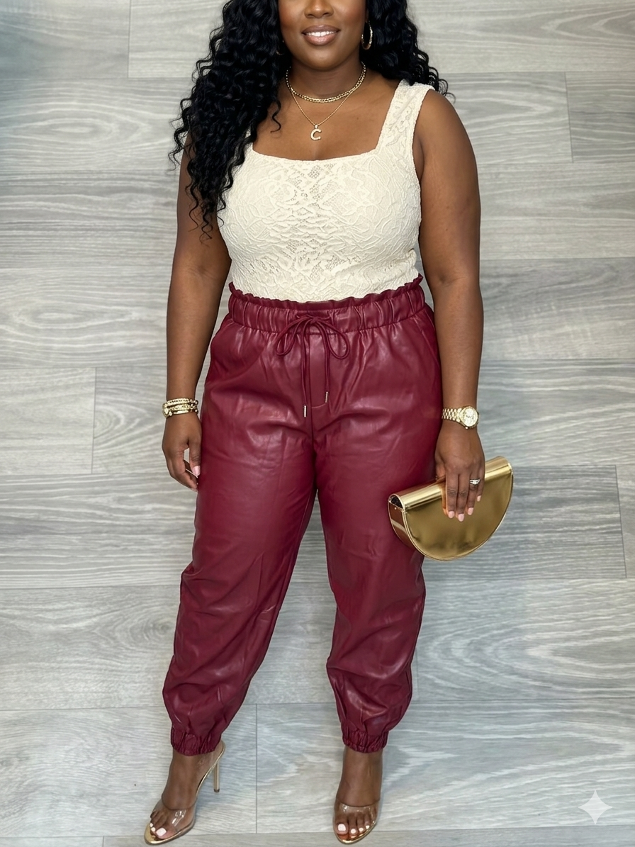 The Boss Babe" Burgundy Leather Joggers